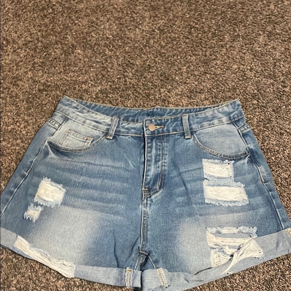 SHEIN Blue high waisted Jean Shorts Distressed Cuffed Summer